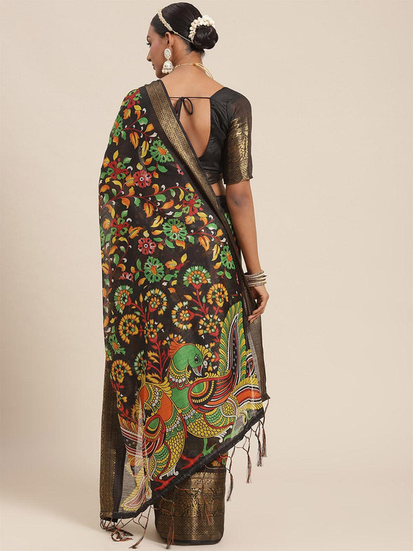 Women's Cotton Blend Black Printed Designer Saree With Blouse Piece - Odette