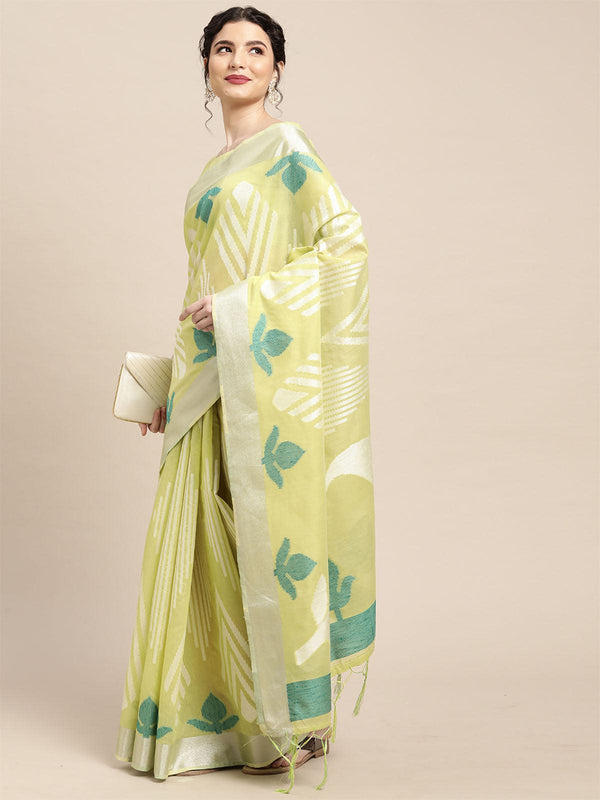 Women's Cotton Blend Lime Green Woven Design Handloom Saree With Blouse Piece - Odette