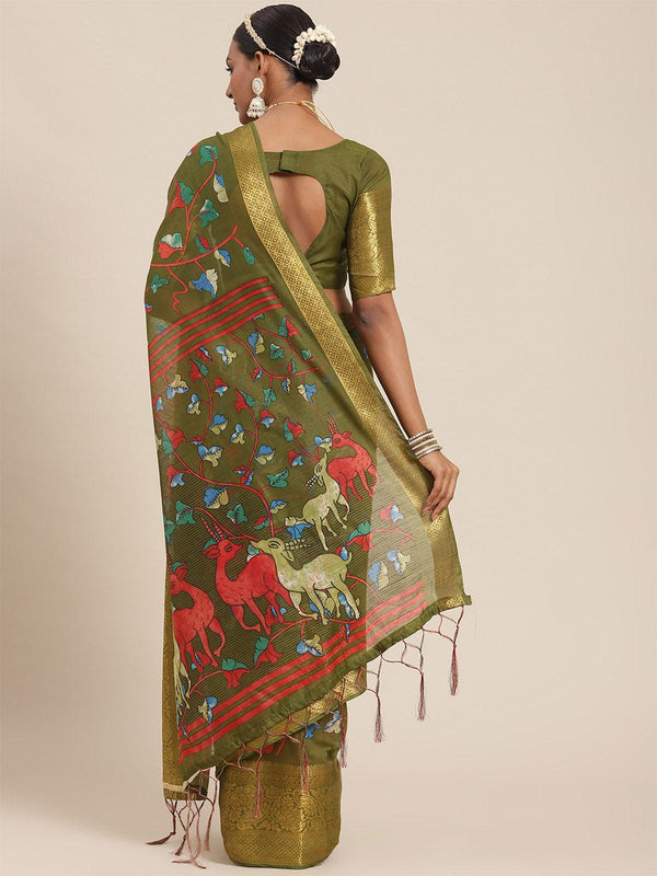 Women's Cotton Blend Olive Printed Designer Saree With Blouse Piece - Odette