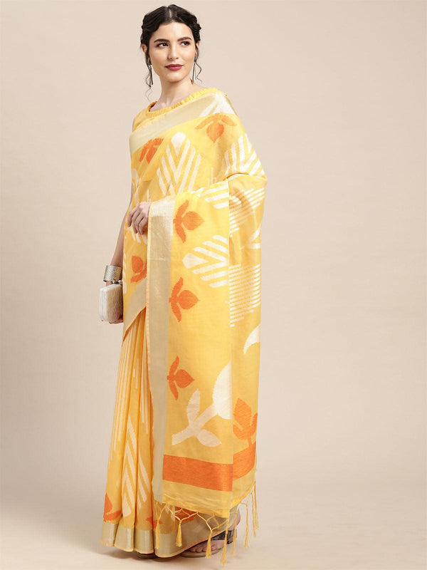 Women's Cotton Blend Yellow Woven Design Handloom Saree With Blouse Piece - Odette