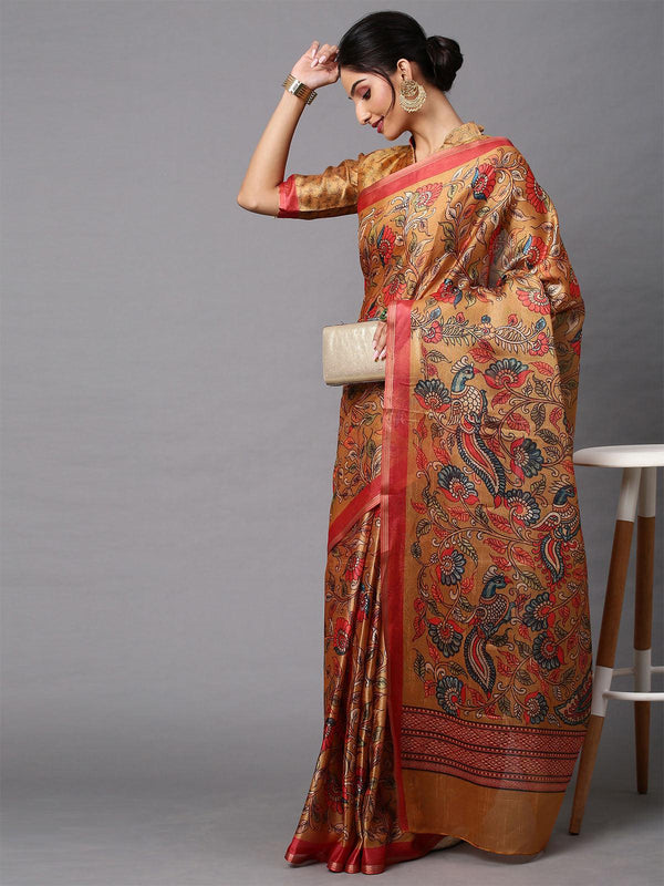 Women's Cotton Linen Beige Printed Celebrity Saree With Blouse Piece - Odette