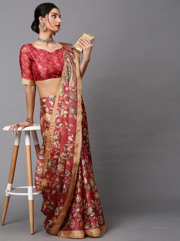 Women's Cotton Linen Maroon Printed Celebrity Saree With Blouse Piece - Odette