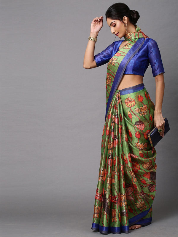 Women's Cotton Linen Olive Printed Celebrity Saree With Blouse Piece - Odette