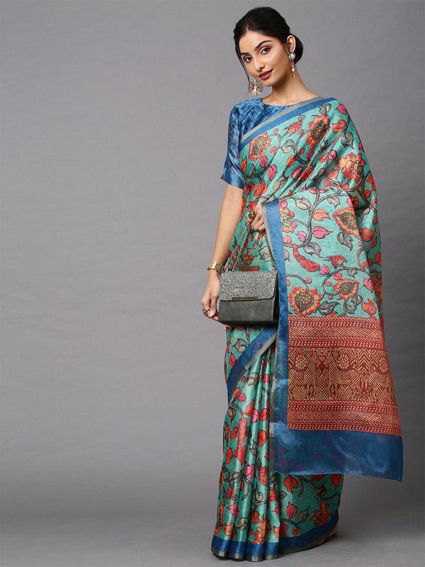 Women's Cotton Linen Sea Green Printed Celebrity Saree With Blouse Piece - Odette