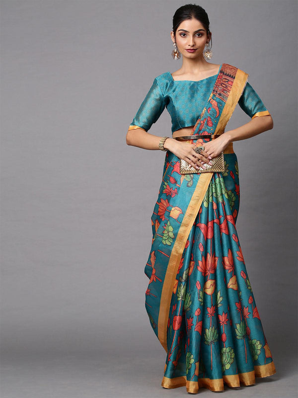 Women's Cotton Linen Teal Blue Printed Celebrity Saree With Blouse Piece - Odette