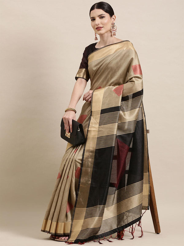 Women's Cotton Silk Cream Woven Design Handloom Saree With Blouse Piece - Odette