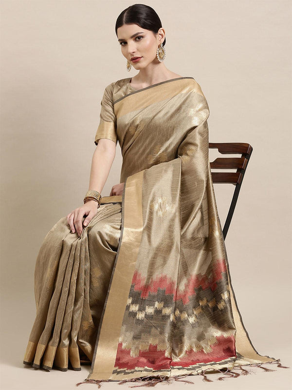 Women's Cotton Silk Cream Woven Design Handloom Saree With Blouse Piece - Odette