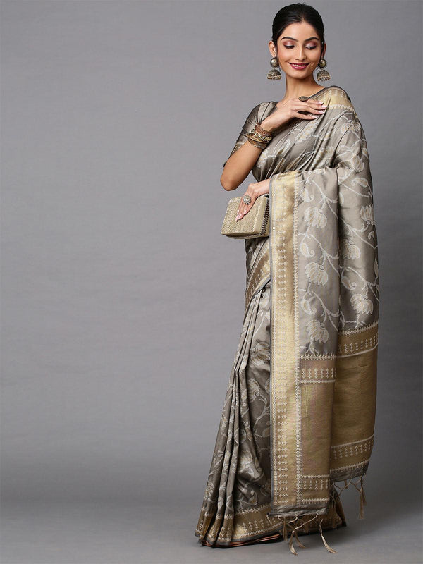 Women's Cotton Silk Grey Printed Celebrity Saree With Blouse Piece - Odette