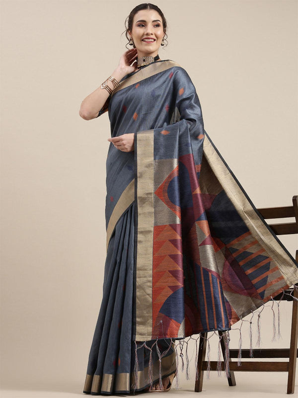 Women's Cotton Silk Grey Woven Design Handloom Saree With Blouse Piece - Odette