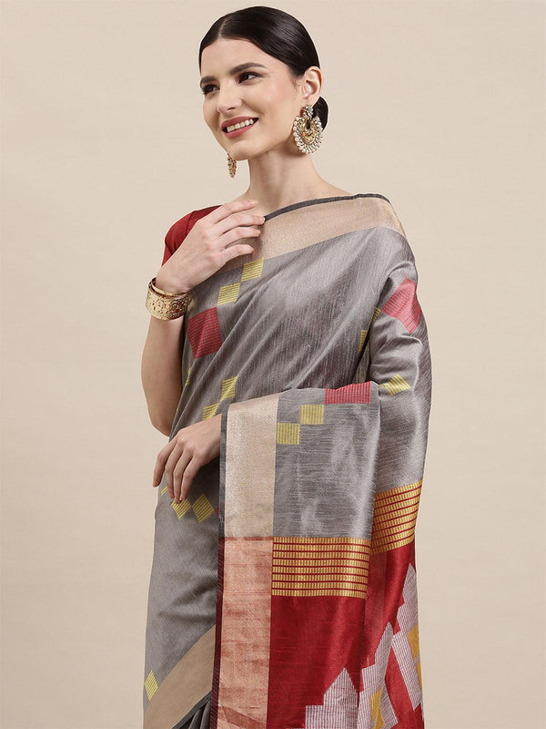 Women's Cotton Silk Grey Woven Design Handloom Saree With Blouse Piece - Odette