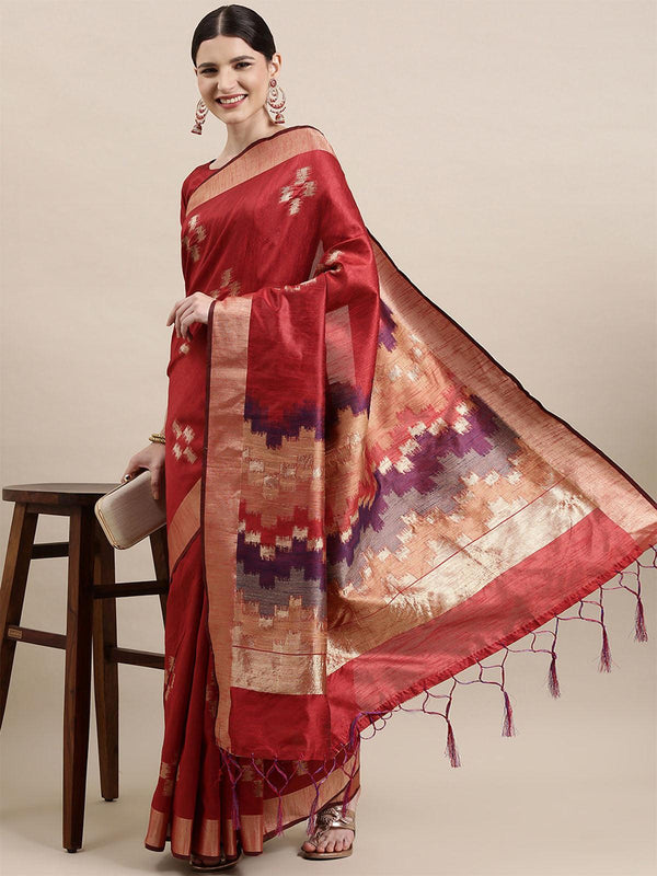 Women's Cotton Silk Maroon Woven Design Handloom Saree With Blouse Piece - Odette