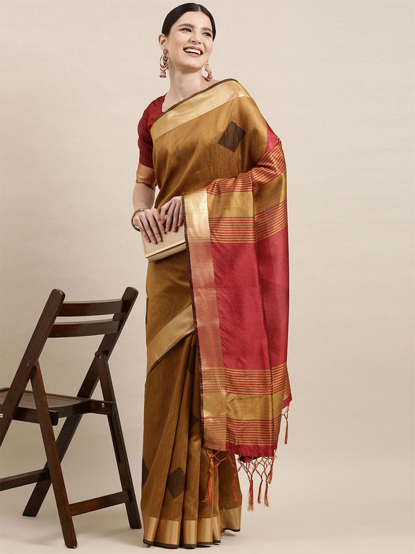 Women's Cotton Silk Mustard Woven Design Handloom Saree With Blouse Piece - Odette