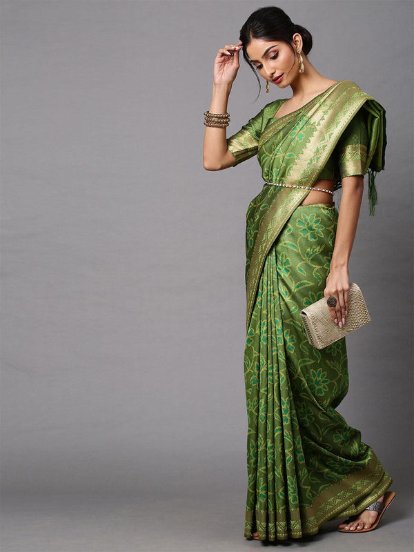 Women's Cotton Silk Olive Printed Celebrity Saree With Blouse Piece - Odette