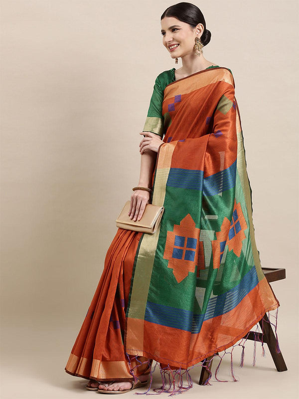 Women's Cotton Silk Orange Woven Design Handloom Saree With Blouse Piece - Odette