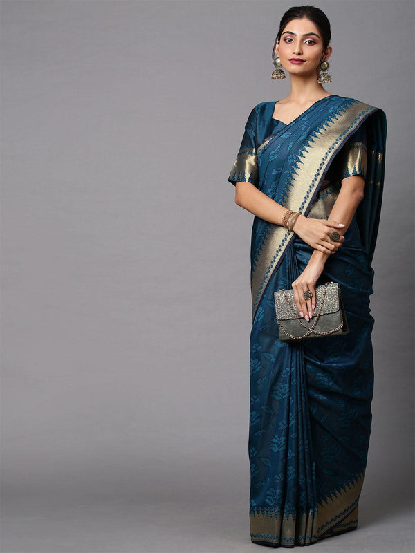 Women's Cotton Silk Teal Blue Printed Celebrity Saree With Blouse Piece - Odette