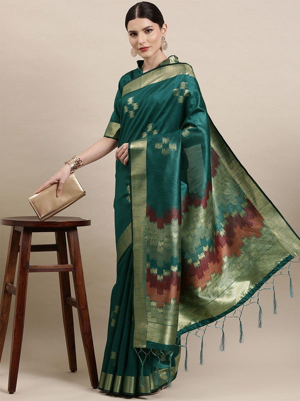 Women's Cotton Silk Teal Blue Woven Design Handloom Saree With Blouse Piece - Odette