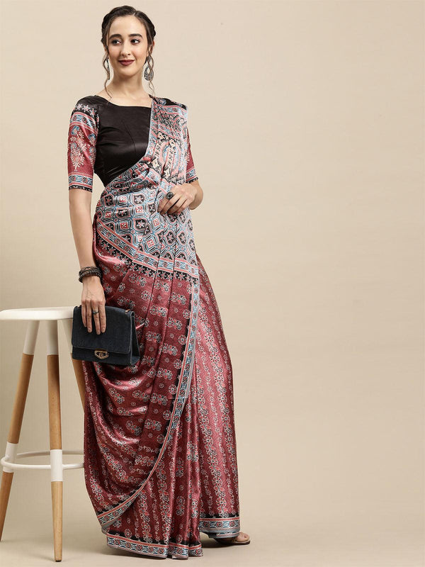 Women's Crepe Brown Printed Designer Saree With Blouse Piece - Odette