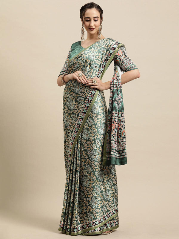 Women's Crepe Green Printed Designer Saree With Blouse Piece - Odette