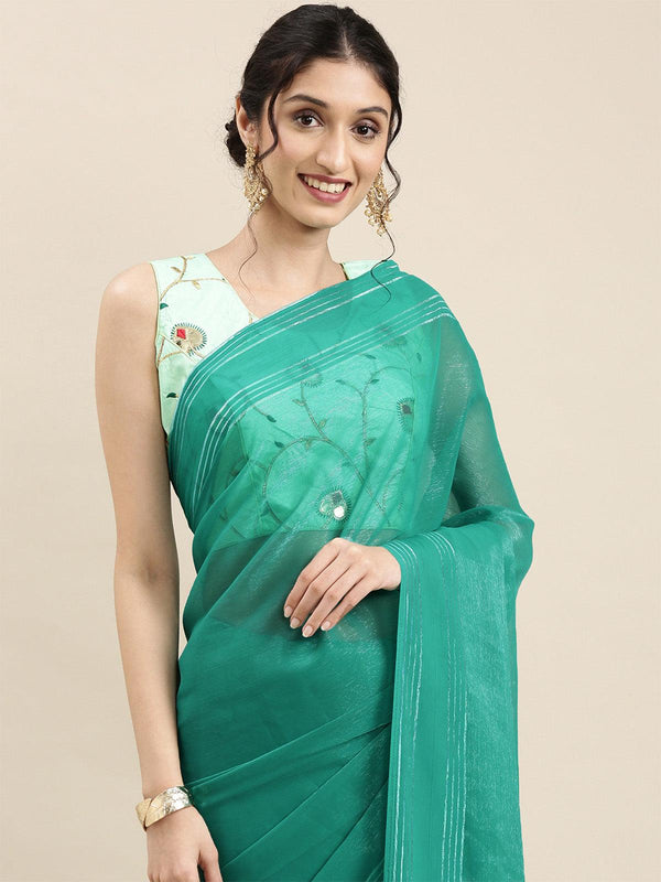 Women's Georgette Sea Green Solid Designer Saree With Blouse Piece - Odette