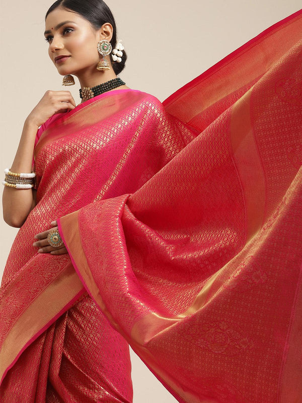 Women's Kanjeevaram Silk Pink Woven Design Woven Saree With Blouse Piece - Odette