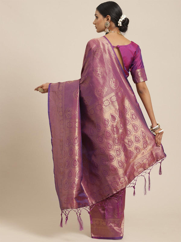 Women's Kanjeevaram Silk Purple Woven Design Woven Saree With Blouse Piece - Odette