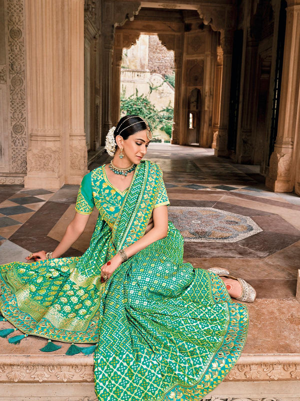 Women's Light Green Patola Pure Silk Saree With Blouse Piece - Odette