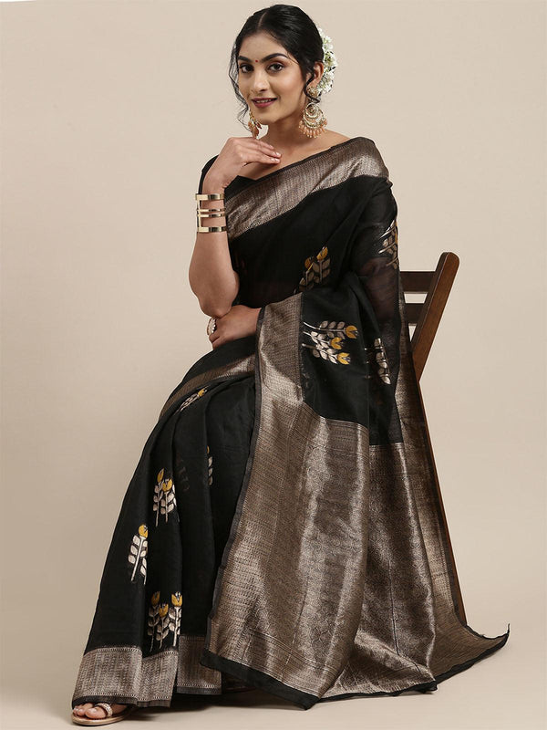 Women's Linen Black Woven Design Woven Saree With Blouse Piece - Odette