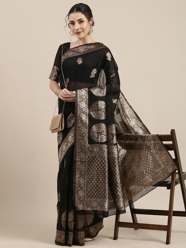 Women's Linen Black Woven Design Woven Saree With Blouse Piece - Odette