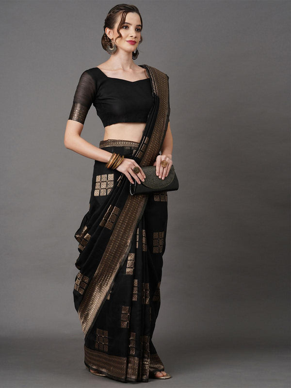 Women's Linen Black Woven Design Woven Saree With Blouse Piece - Odette