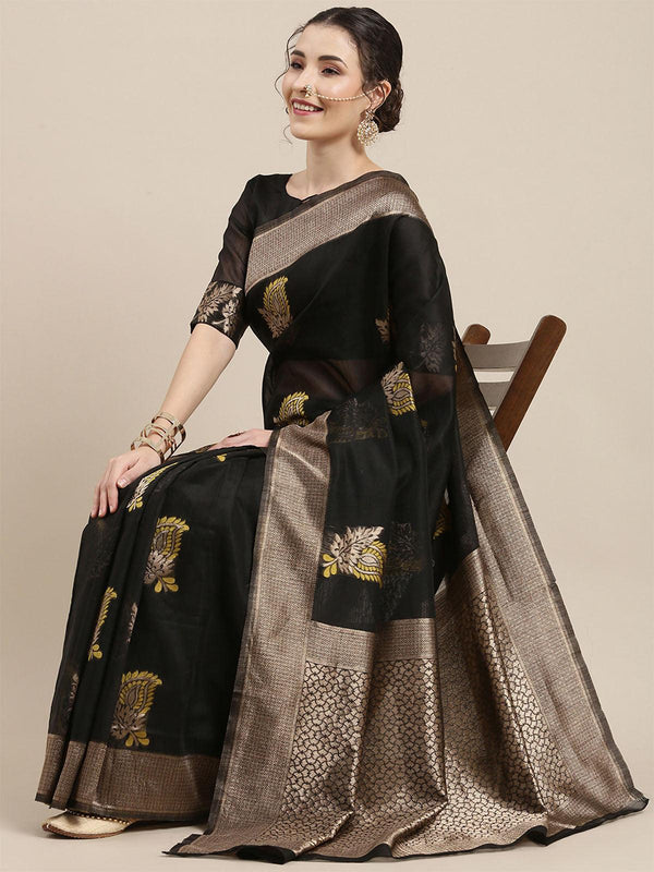 Women's Linen Black Woven Design Woven Saree With Blouse Piece - Odette