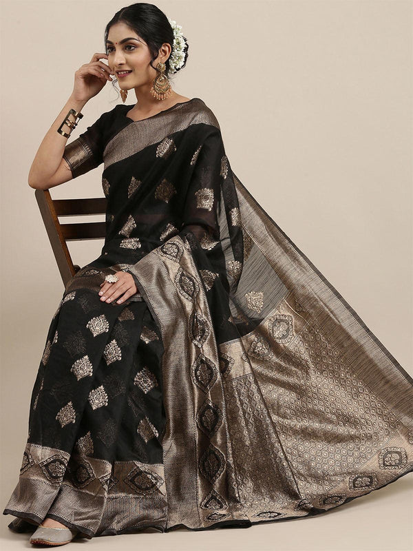 Women's Linen Black Woven Design Woven Saree With Blouse Piece - Odette