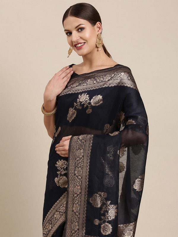 Women's Linen Blend Black Woven Design Designer Saree With Blouse Piece - Odette