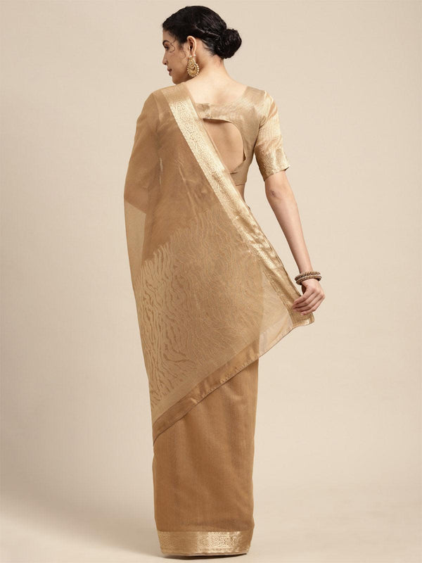 Women's Linen Blend Camel Brown Woven Design Designer Saree With Blouse Piece - Odette