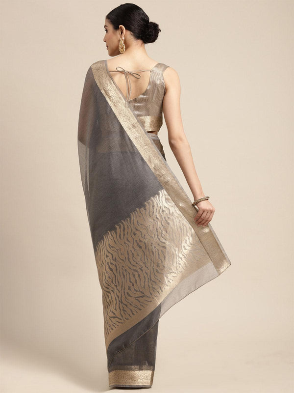 Women's Linen Blend Charcoal Grey Woven Design Designer Saree With Blouse Piece - Odette