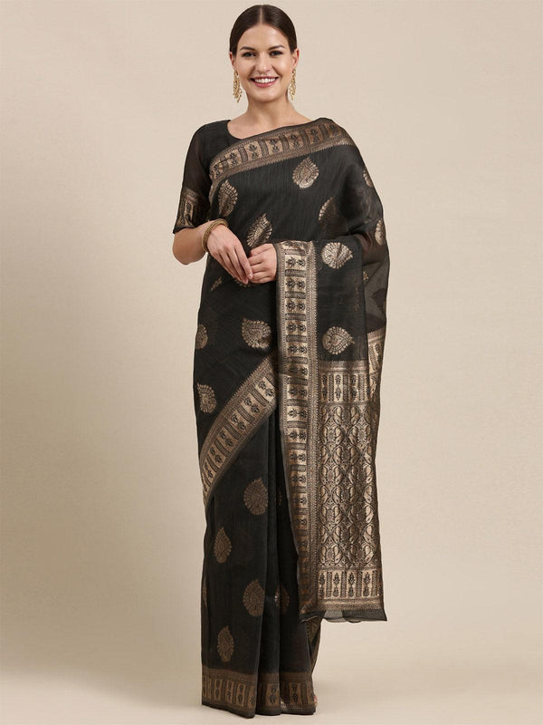 Women's Linen Blend Charcoal Grey Woven Design Designer Saree With Blouse Piece - Odette