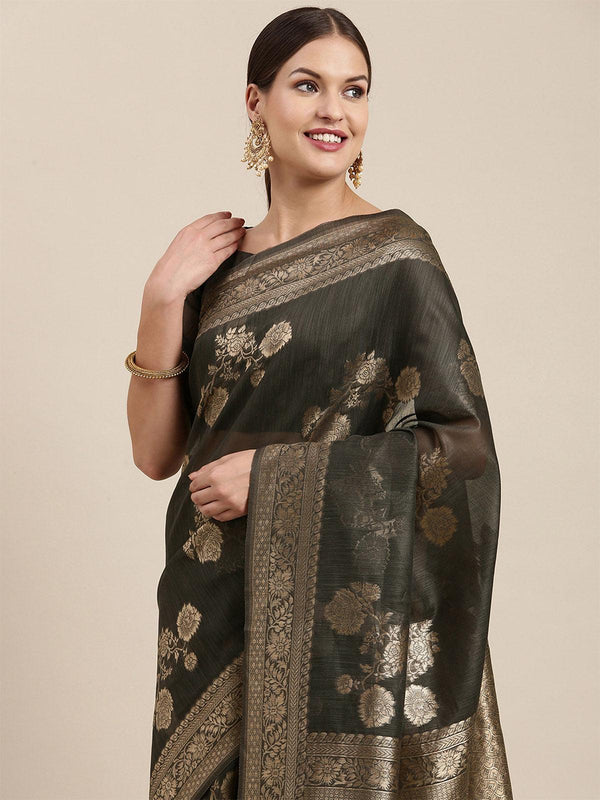 Women's Linen Blend Green Woven Design Designer Saree With Blouse Piece - Odette