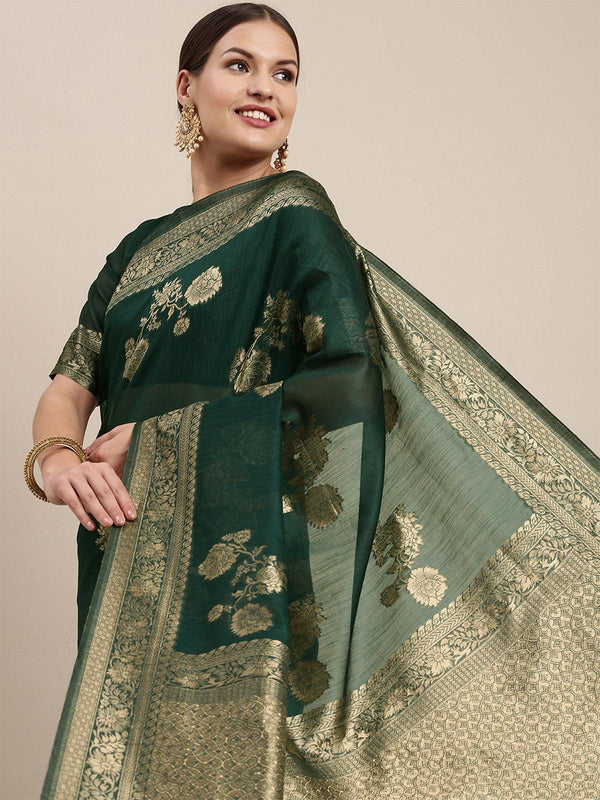 Women's Linen Blend Green Woven Design Designer Saree With Blouse Piece - Odette