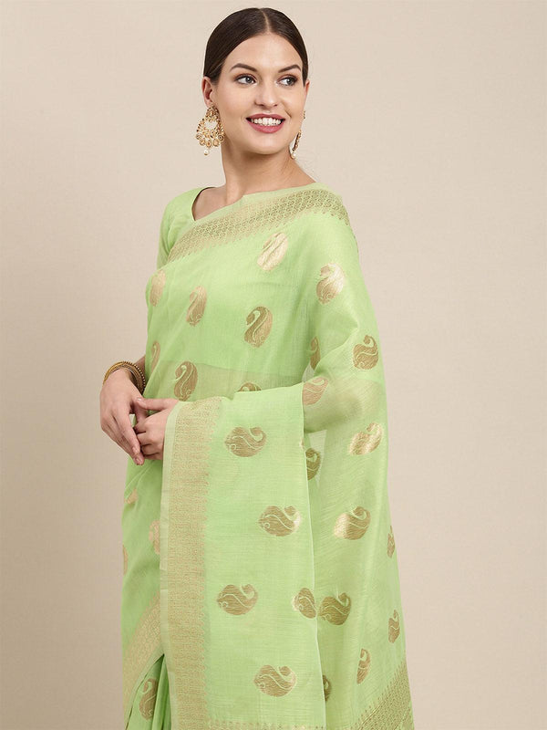 Women's Linen Blend Green Woven Design Designer Saree With Blouse Piece - Odette