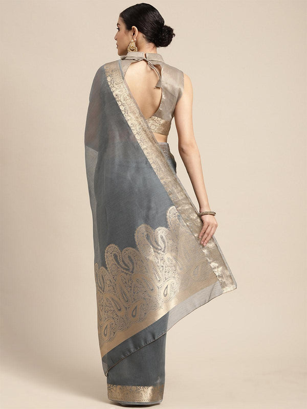 Women's Linen Blend Grey Woven Design Designer Saree With Blouse Piece - Odette