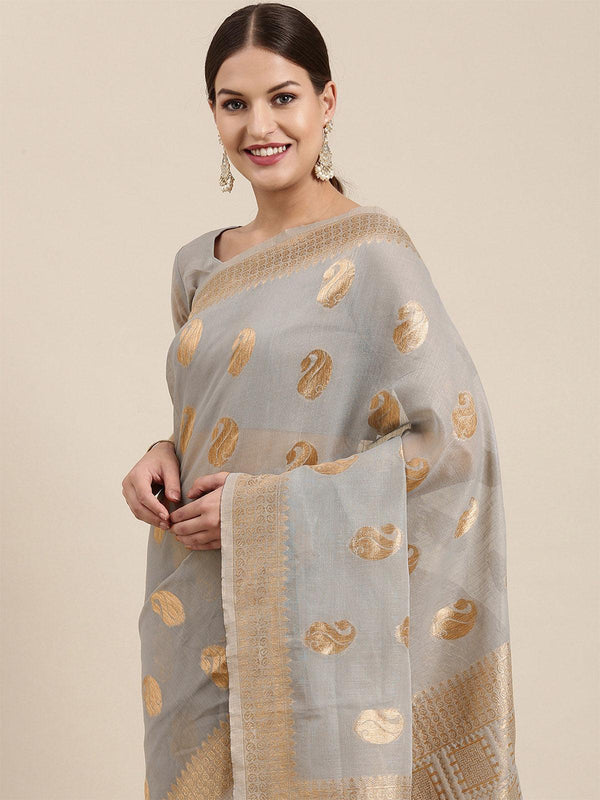 Women's Linen Blend Grey Woven Design Designer Saree With Blouse Piece - Odette