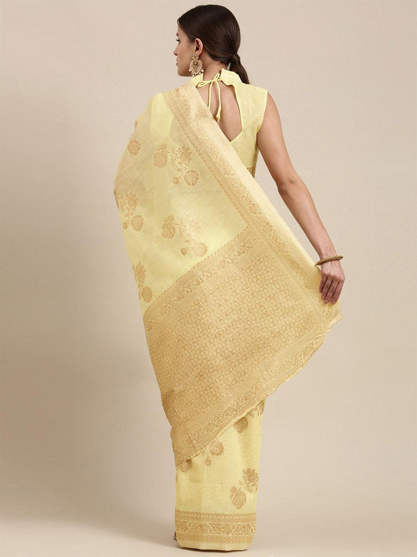 Women's Linen Blend Lemon Yellow Woven Design Designer Saree With Blouse Piece - Odette