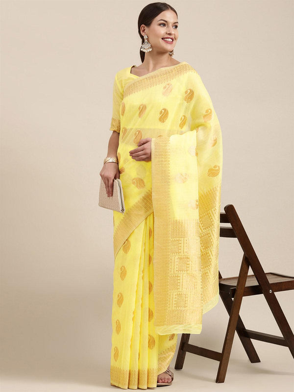 Women's Linen Blend Lemon Yellow Woven Design Designer Saree With Blouse Piece - Odette