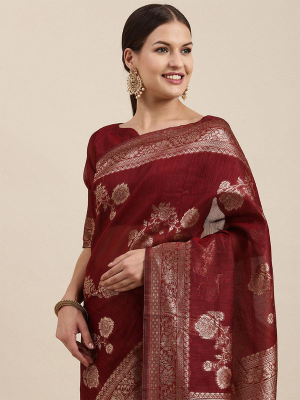 Women's Linen Blend Maroon Woven Design Designer Saree With Blouse Piece - Odette