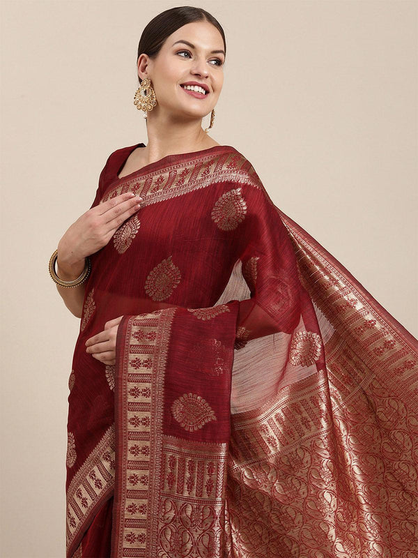 Women's Linen Blend Maroon Woven Design Designer Saree With Blouse Piece - Odette