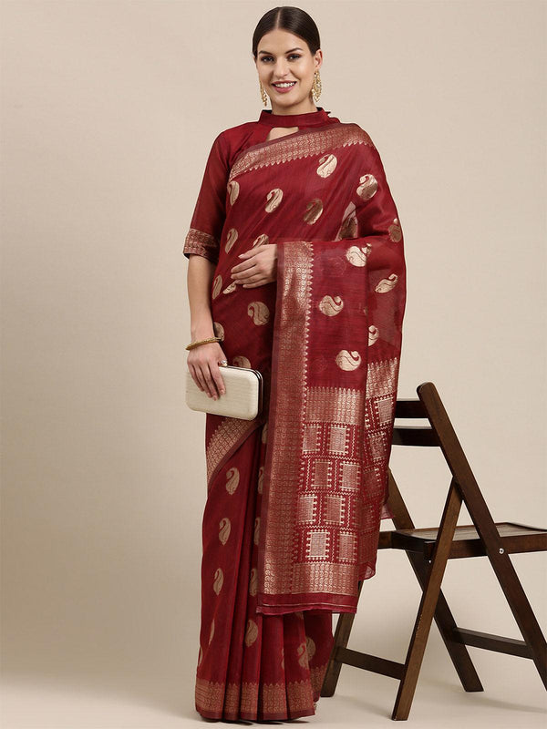 Women's Linen Blend Maroon Woven Design Designer Saree With Blouse Piece - Odette