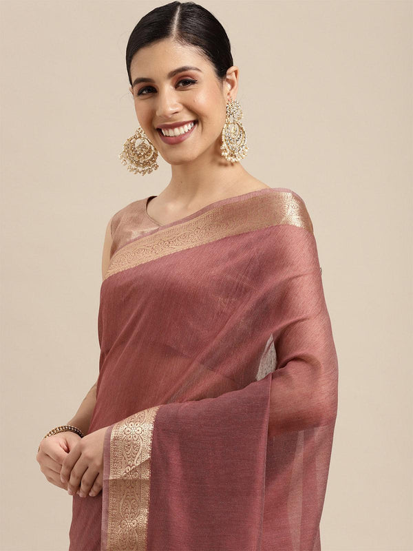 Women's Linen Blend Mauve Woven Design Designer Saree With Blouse Piece - Odette