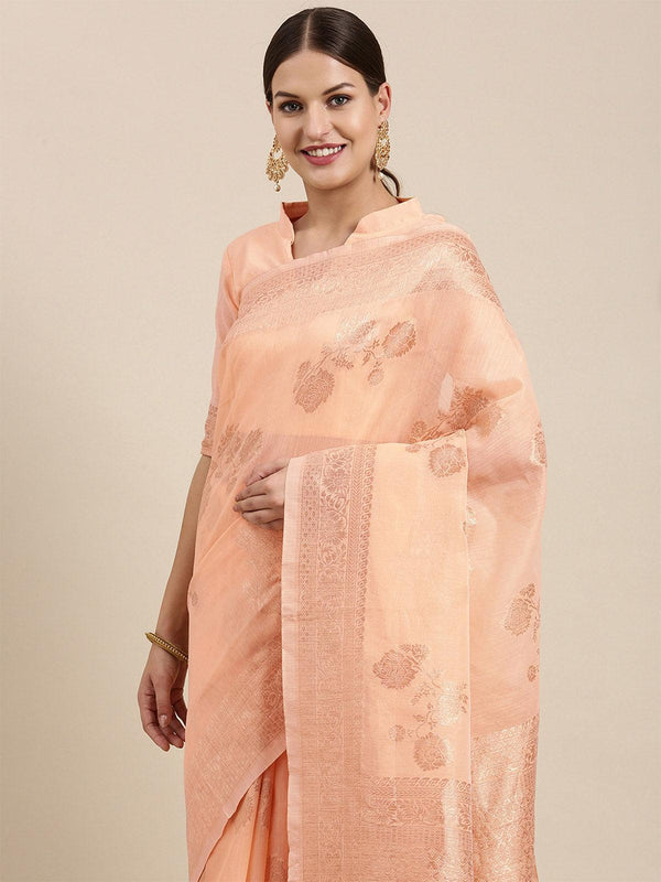 Women's Linen Blend Peach Woven Design Designer Saree With Blouse Piece - Odette