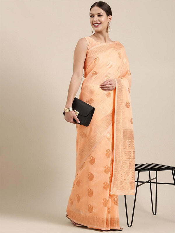 Women's Linen Blend Peach Woven Design Designer Saree With Blouse Piece - Odette