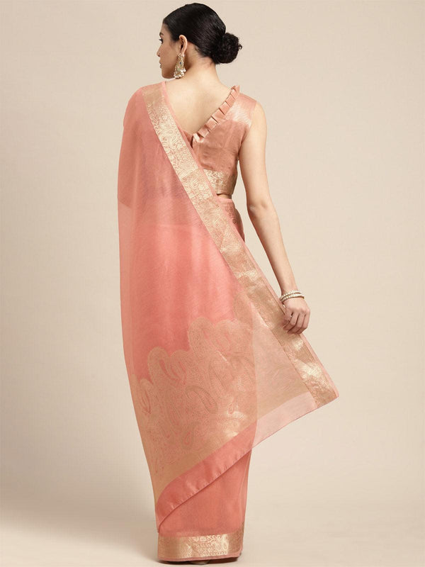 Women's Linen Blend Peach Woven Design Designer Saree With Blouse Piece - Odette