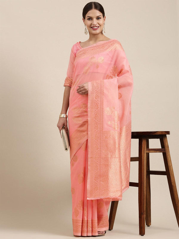 Women's Linen Blend Pink Woven Design Designer Saree With Blouse Piece - Odette